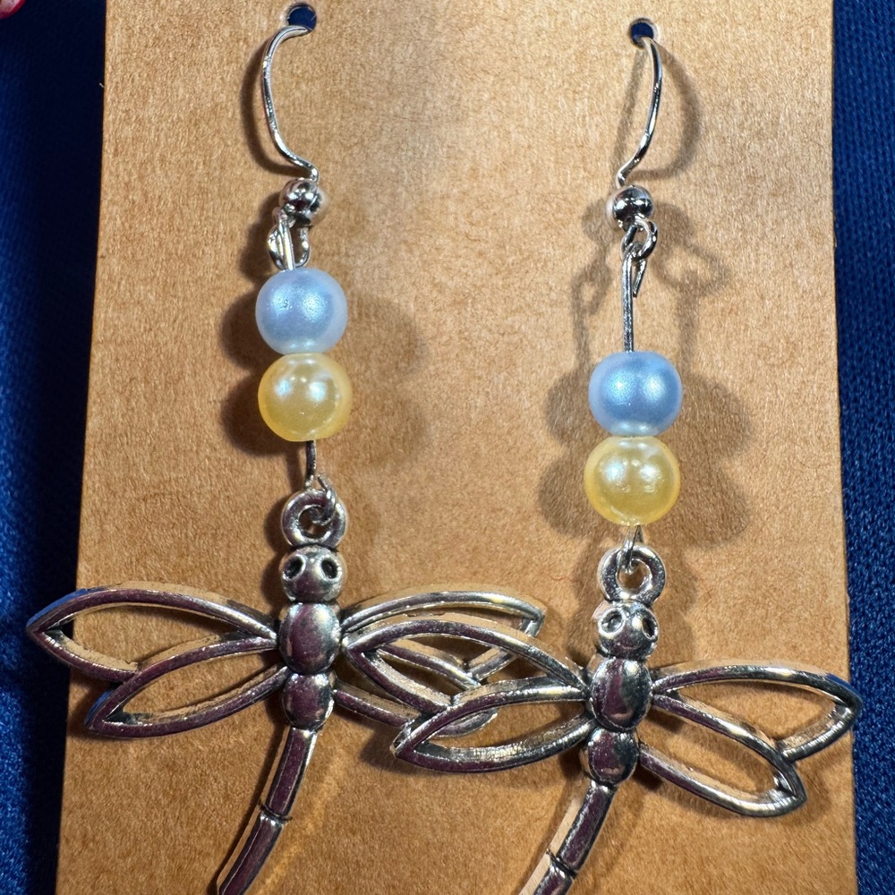 Silver Dragonfly Earrings with Blue and Yellow Beads